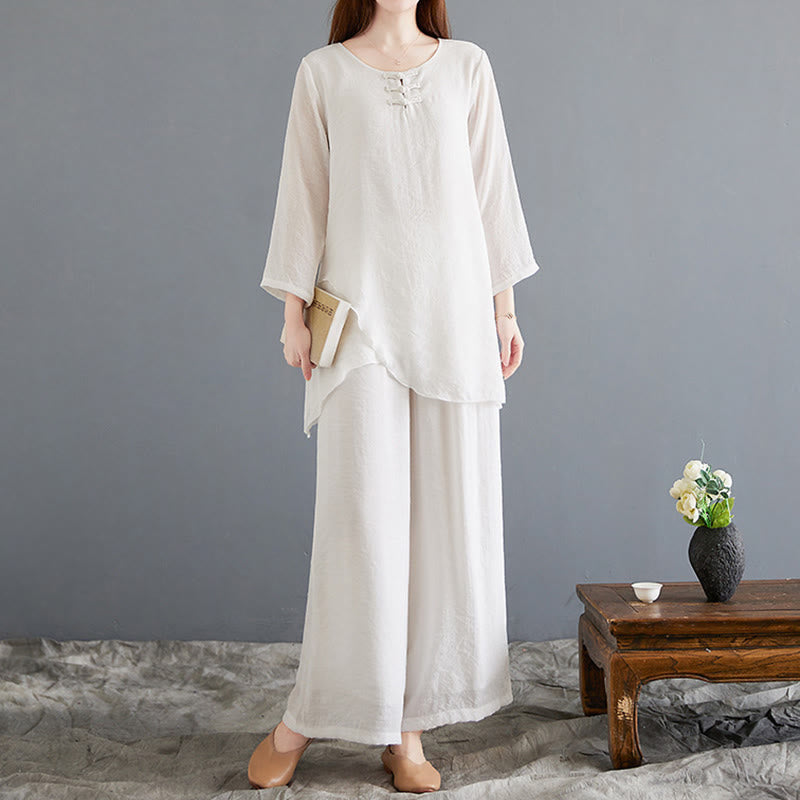 Breathable Cotton Linen Wide-Leg Meditation Shirt and Pants Set