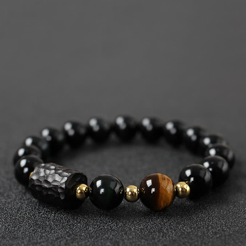 Ebony Wood & Black Obsidian Gold Sterling Silver Tiger Eye Beaded Couple Bracelet