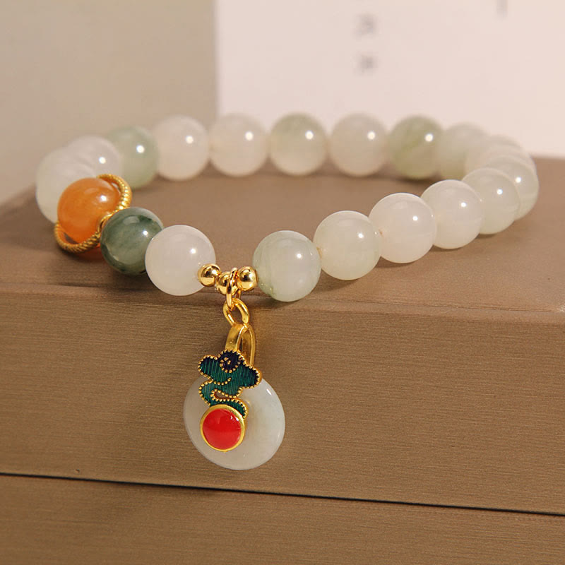 Jade and Red Agate Beaded Bracelet with Citrine and Auspicious Clouds Motif