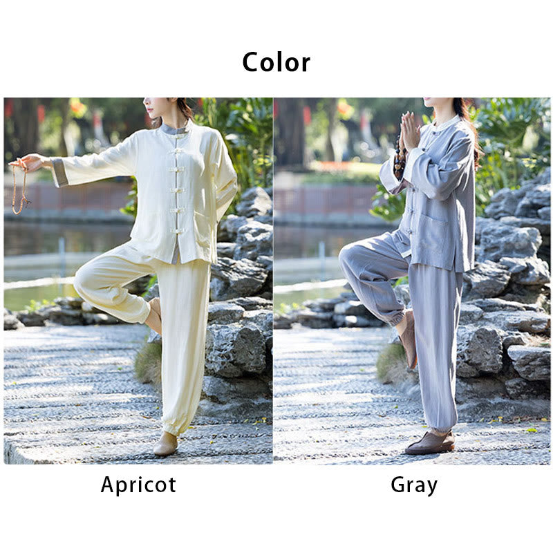 2Pcs Frog-Button Long Sleeve Shirt Top Pants Meditation Zen Tai Chi Cotton Linen Clothing Women's Set
