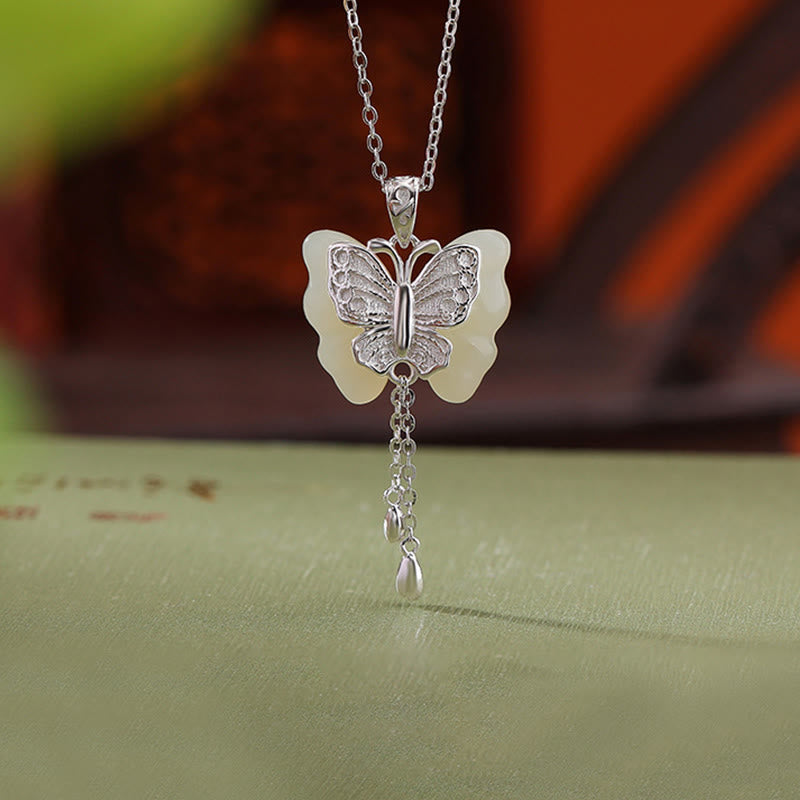 925 Sterling Silver Plated Gold Hetian White Jade Butterfly Blessing Necklace Pendant