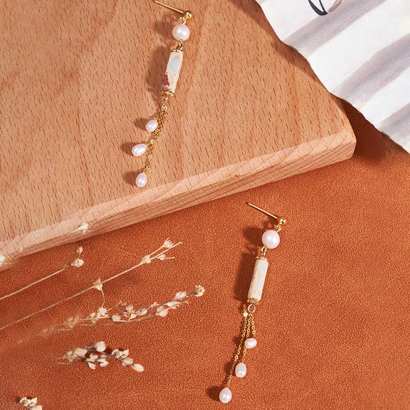925 Sterling Silver Posts Shoushan Stone Pearl Healing Drop Earrings