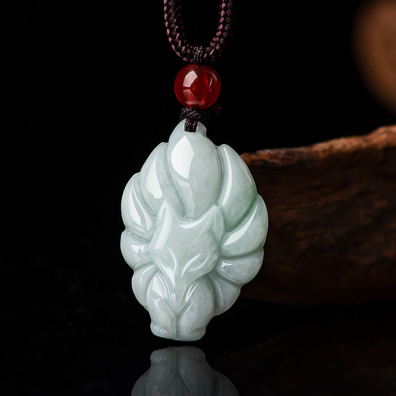 Natural Jade Nine Tailed Fox Luck Prosperity Necklace Pendant