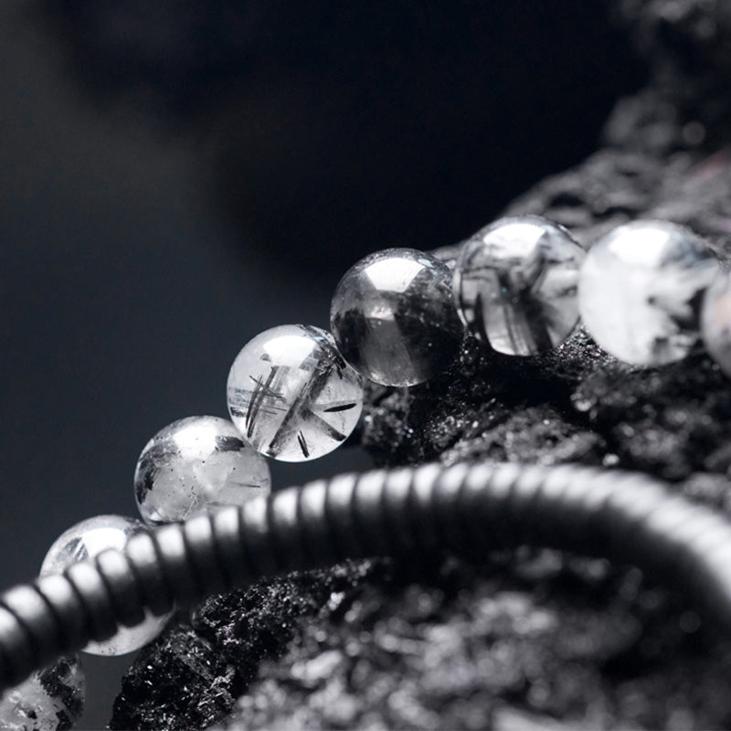 Black Rutilated Quartz Ebony Wood Copper Wisdom Couple Bracelet