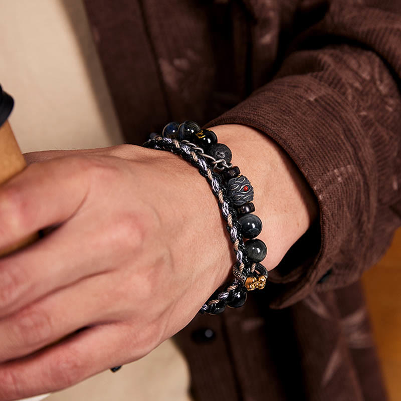 Handmade 925 Sterling Silver Gold Plated Lava Stone, Eagle's Eye & Black Agate Om Mani Beaded Bracelet
