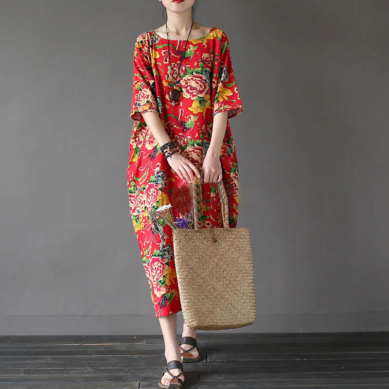 Red Peony Flowers Printed Midi Dress Half Sleeve Cotton Linen Dress