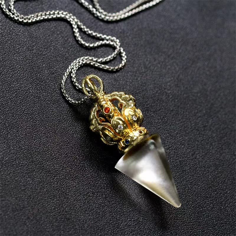 Tibetan Dorje Vajra 4 Prong Lotus Liuli Crystal Strength Necklace Pendant