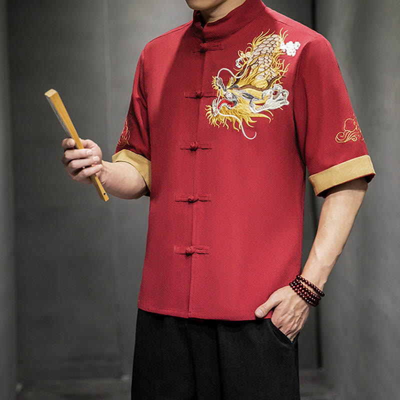 Frog-Button Chinese Dragon Auspicious Cloud Embroidery Half Sleeve Shirt Cotton Linen Men Clothing