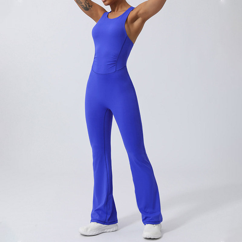 Women Workout Crisscross Sleeveless Flare Jumpsuit Sports Fitness Yoga Bodysuit