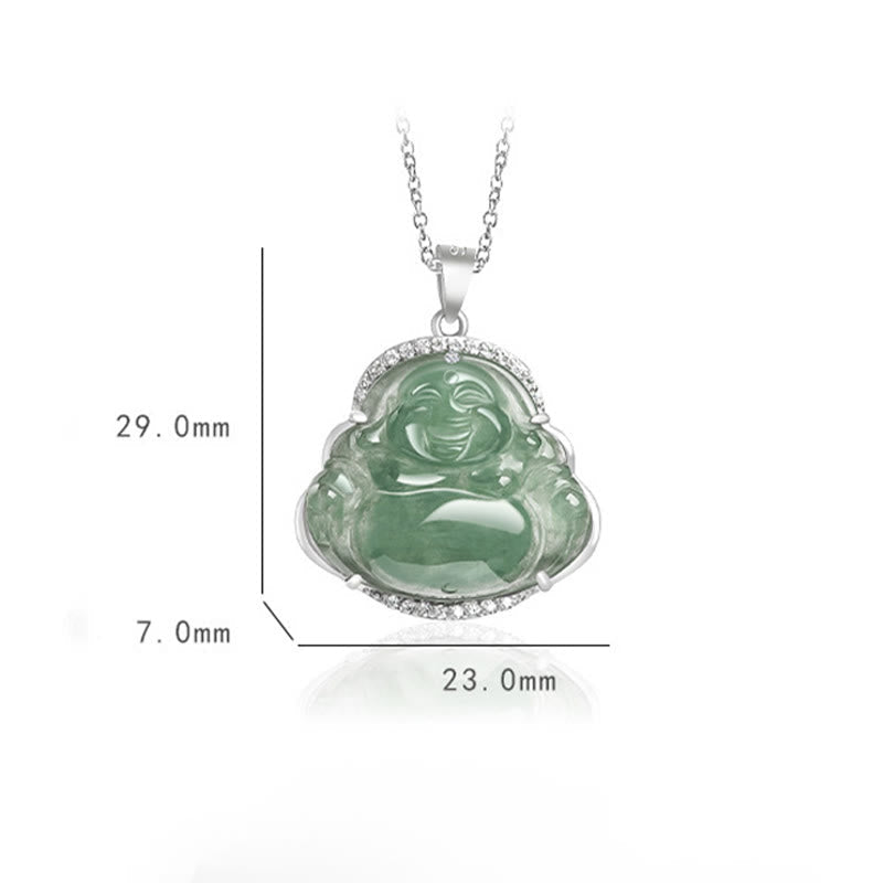 925 Sterling Silver Laughing Buddha Natural Jade Luck Prosperity Necklace Chain Pendant