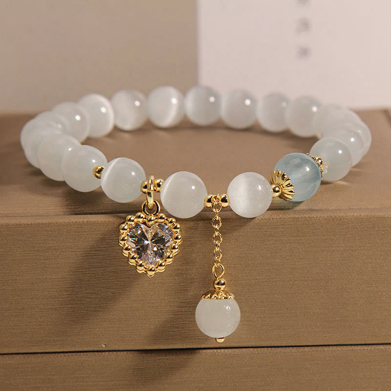 Cat's Eye and Blue Quartz Heart Zircon Charm Beaded Bracelet