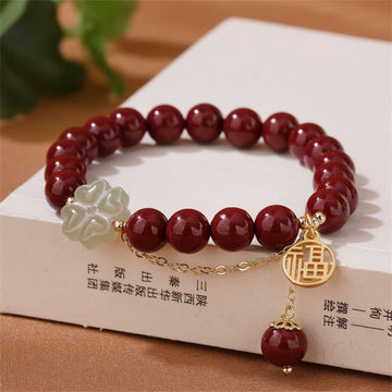 Natural Hetian Jade and Cinnabar Fu Character Clover Beaded Elastic Bracelet