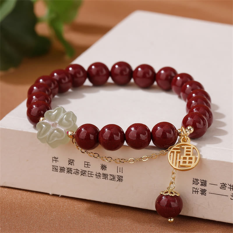 Natural Hetian Jade and Cinnabar Fu Character Clover Beaded Elastic Bracelet