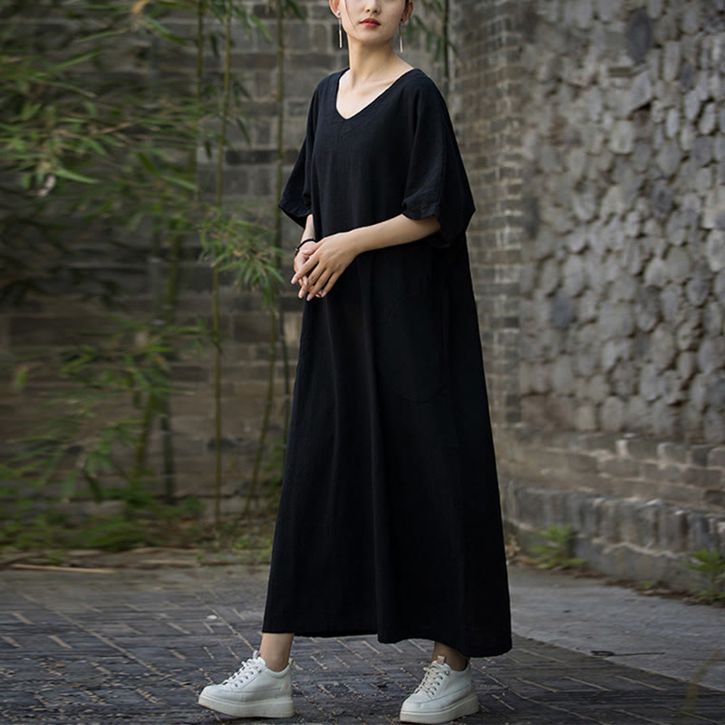 Solid Color V-Neck Half Sleeve Ramie Linen Midi Dress With Pockets
