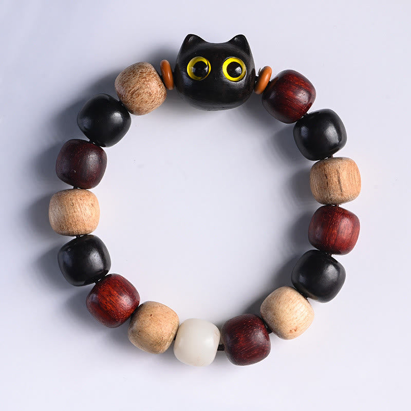 Small Leaf Red Sandalwood Ebony Wood Cute Cat Engraved Protection Bracelet