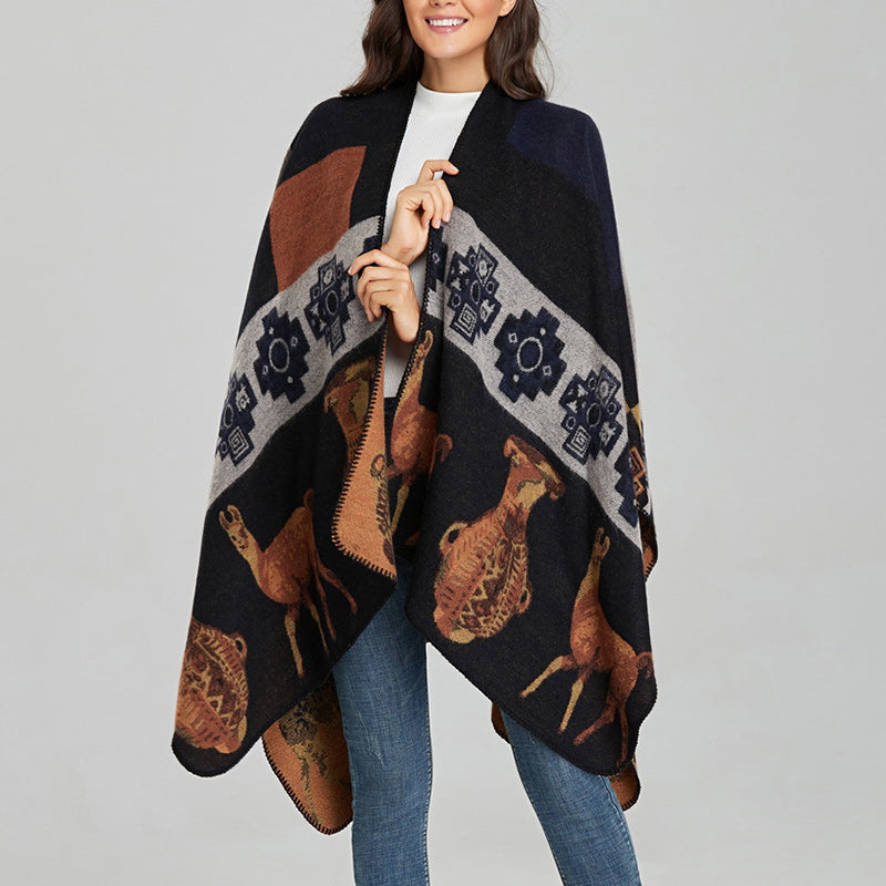 Tibetan Shawl Deer Vase Geometric Shapes Winter Cozy Travel Scarf Wrap