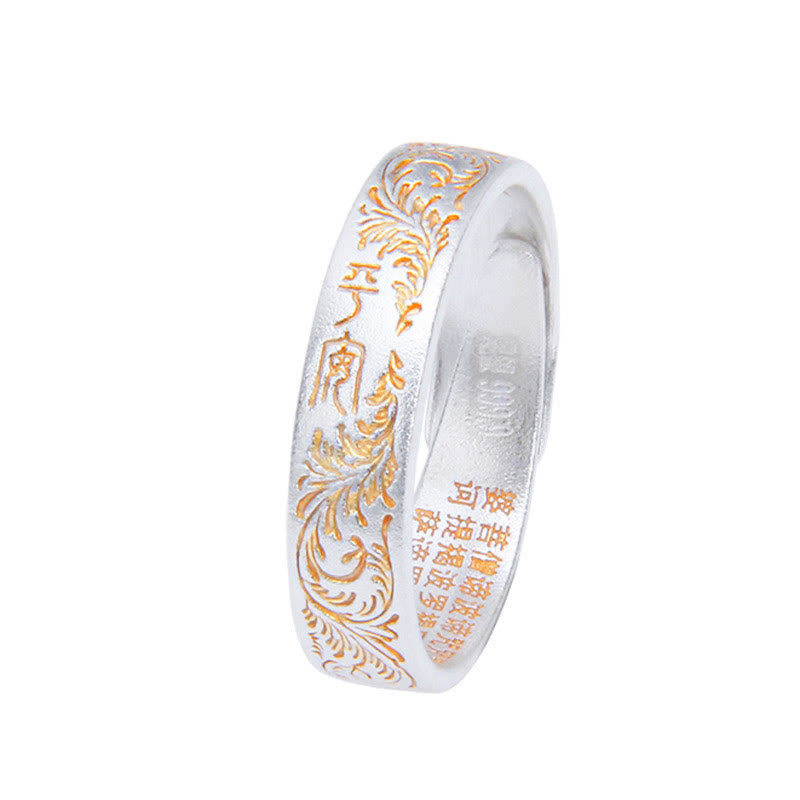 999 Sterling Silver Gold-Painted Joyful Flower Pattern Peaceful Heart Sutra Ring