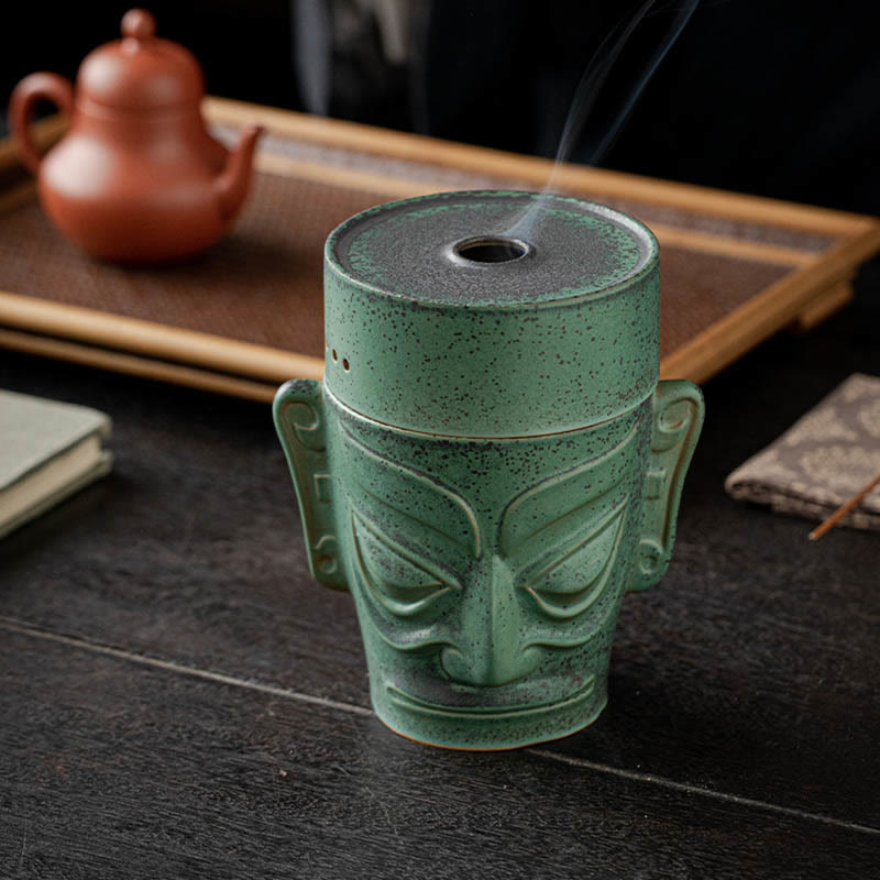 Ancient Sanxingdui Mask Ceramic Incense Burner - 13.8cm x 7.8cm