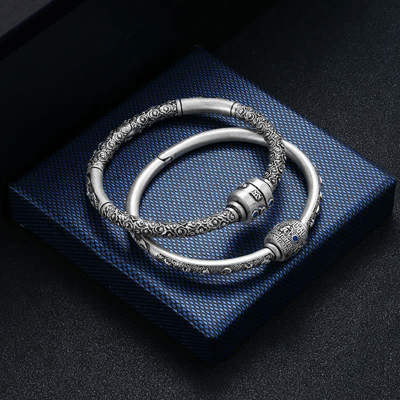990 Fine Silver Tibetan Om Mani Padme Hum Engraved Auspicious Clouds Bangle