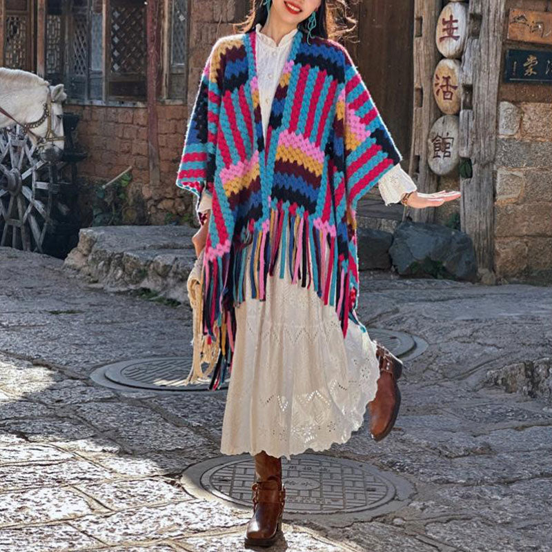 Tibetan Shawl Candy Color Braided Pattern Winter Cozy Travel Knitted Tassel Scarf Wrap