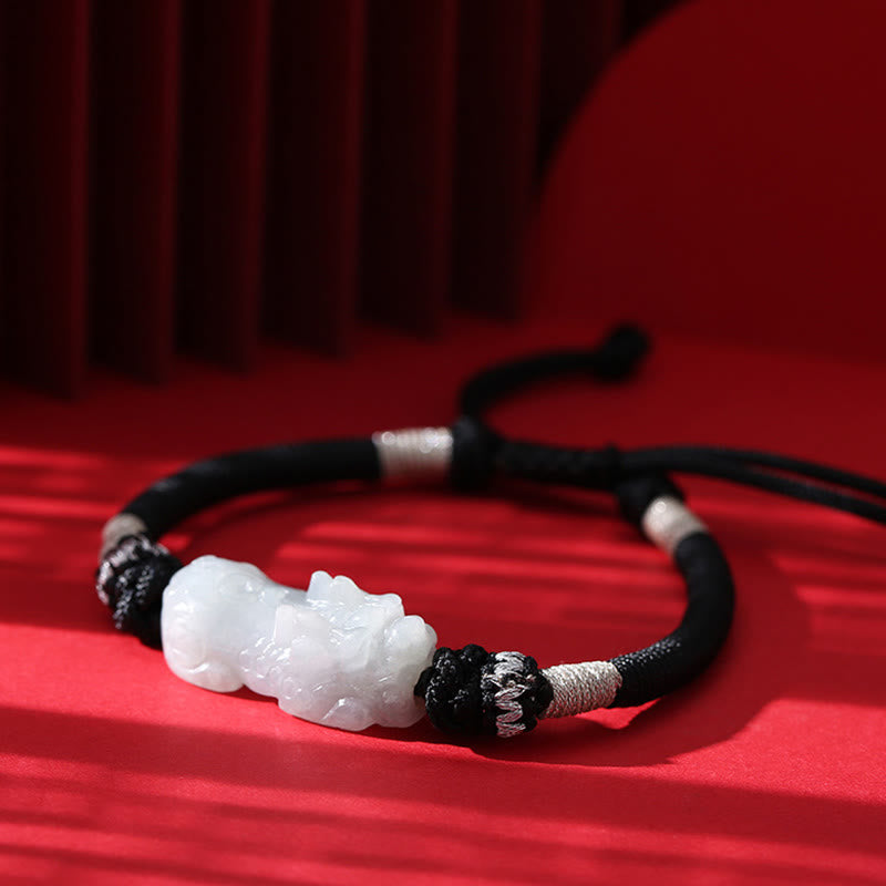 Handmade Natural Jade PiXiu Luck Prosperity Braided String Bracelet