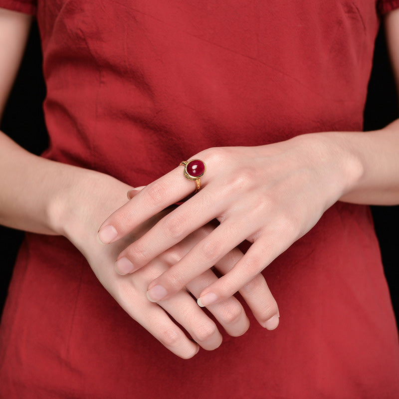 Adjustable 925 Sterling Silver Ruby Ring with Floral & Leaf Motifs