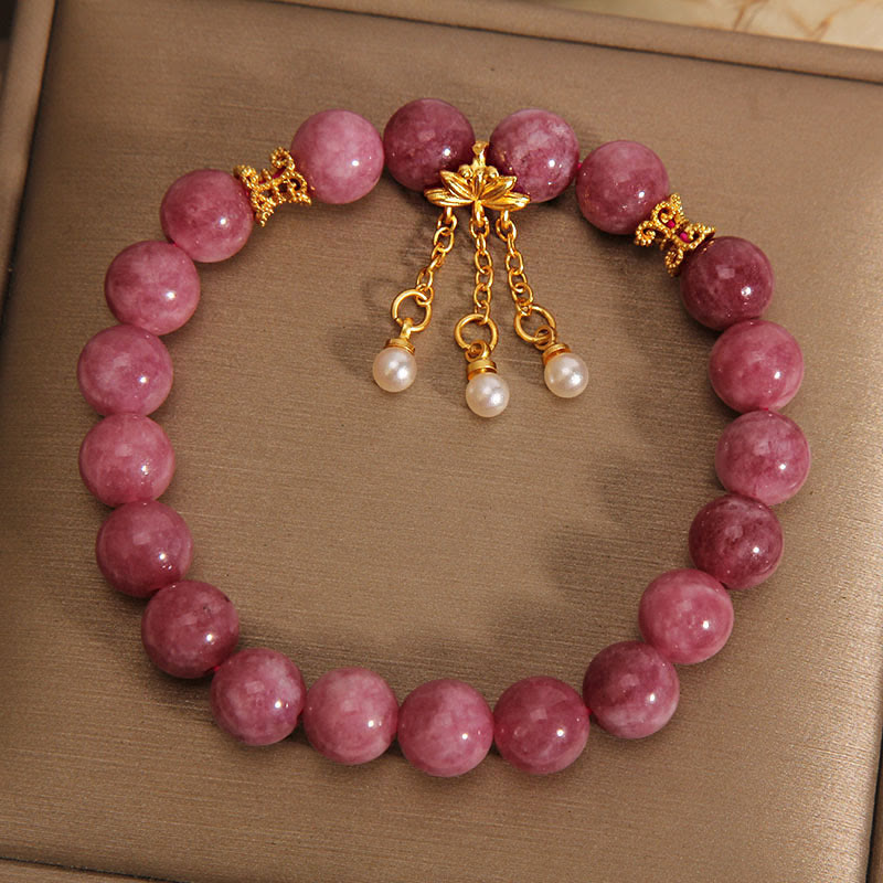 Delicate Pink Tourmaline and Pearl Lotus Flower Beaded Bracelet