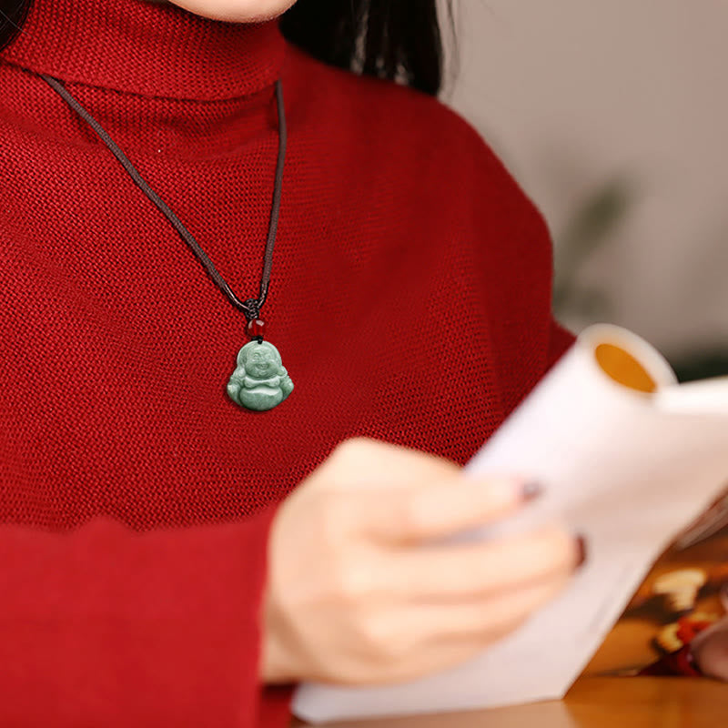 Natural Green Jade Laughing Buddha Luck Abundance Necklace Pendant