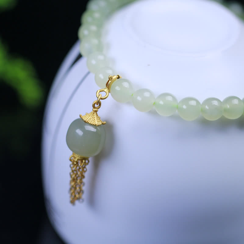 925 Sterling Silver Hetian Jade Beaded Wealth Bag Charm Bracelet
