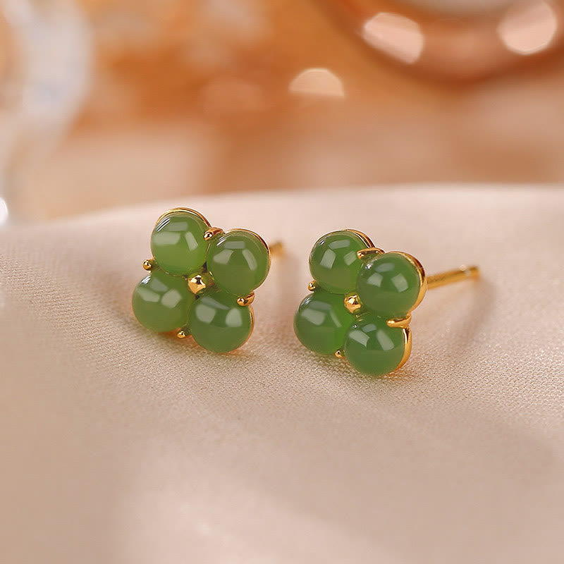 Handcrafted Natural Cyan Jade and Gold Plated 925 Sterling Silver Clover Stud Earrings