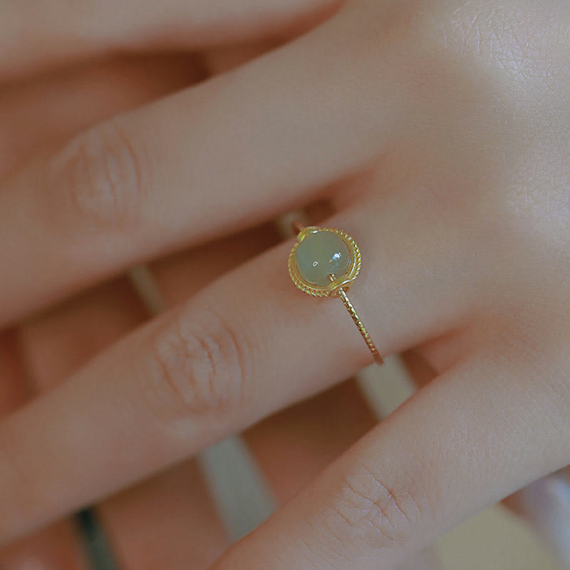 Minimalist 14K Gold Plated Copper Round Jade Adjustable Ring