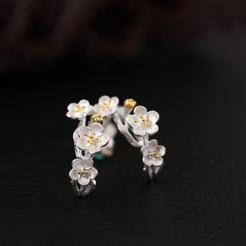 925 Sterling Silver Plum Blossom Floral Clear Quartz Earrings