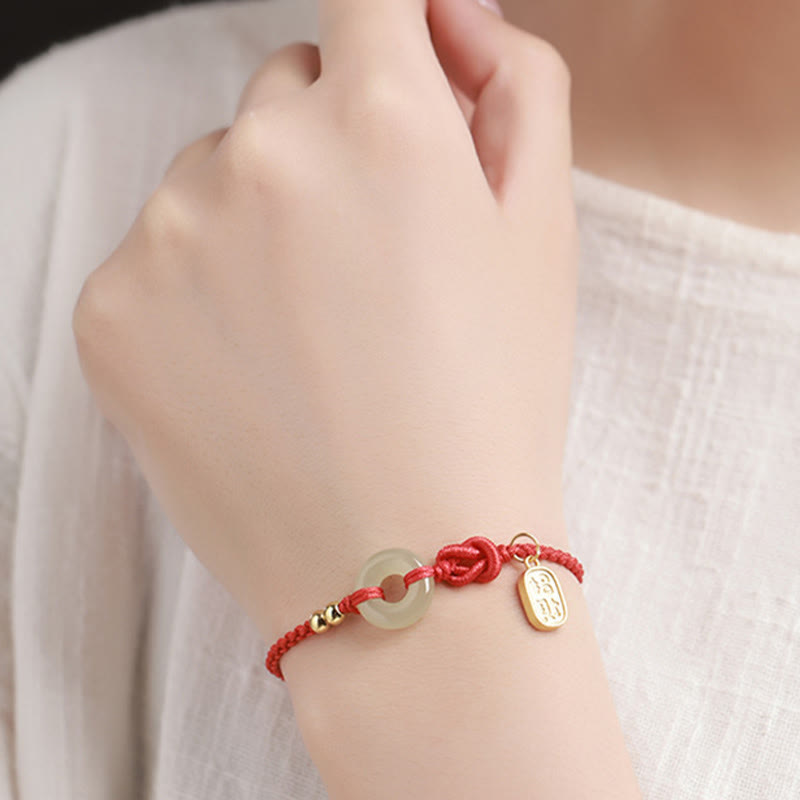 Hetian Jade Ping An Kou & Sterling Silver Fu Symbol Adjustable Cord Bracelet