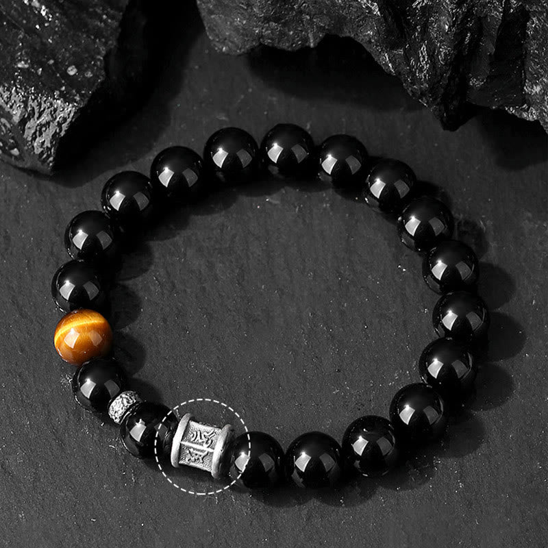 999 Fine Silver Om Mani Padme Hum Mantra Black Obsidian & Tiger Eye Beaded Bracelet