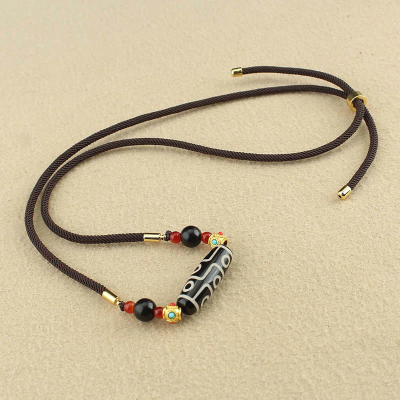 Tibetan Nine-Eye Dzi Bead Protection Blessings String Necklace Pendant