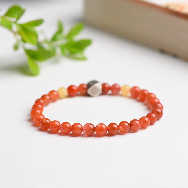 925 Sterling Silver Amber and Red Agate Zodiac Guardian Buddha Beaded Bracelet