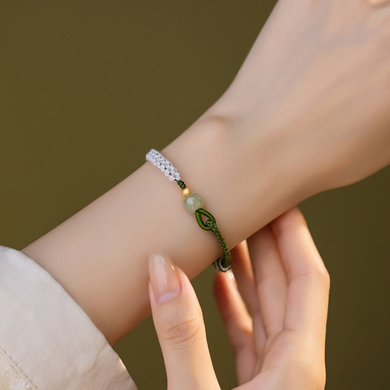 925 Sterling Silver Hetian Jade Bead Luck Braided Rope Bracelet