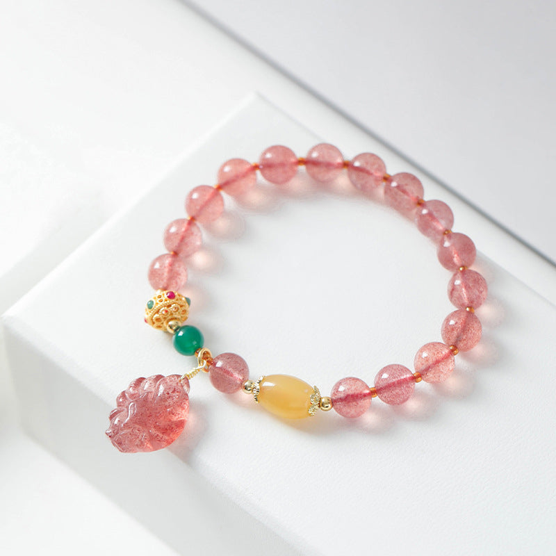 Natural Strawberry Quartz, Green Agate & Golden Silk Jade Nine-Tailed Fox Beaded Bracelet
