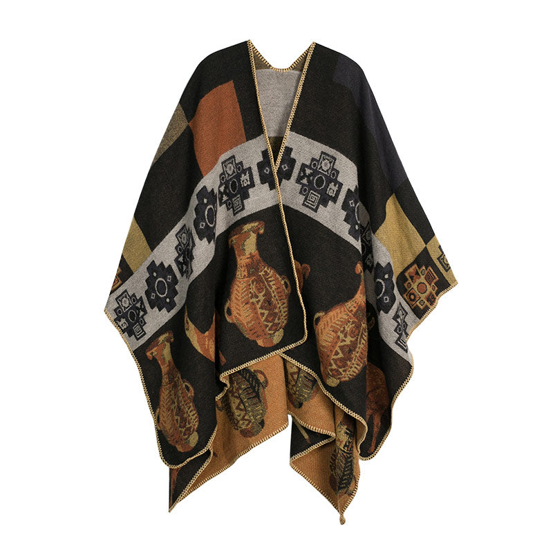 Tibetan Shawl Deer Vase Geometric Shapes Winter Cozy Travel Scarf Wrap