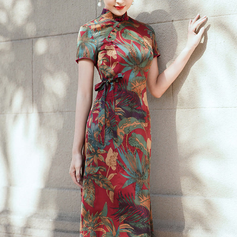 Silk Qipao Dress Retro Flower Leaf Pattern Women's Cheongsam Dress