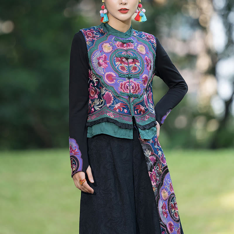 Frog-Button Embroidery Flowers Cotton Linen Tang Suit Design Sleeveless Vest