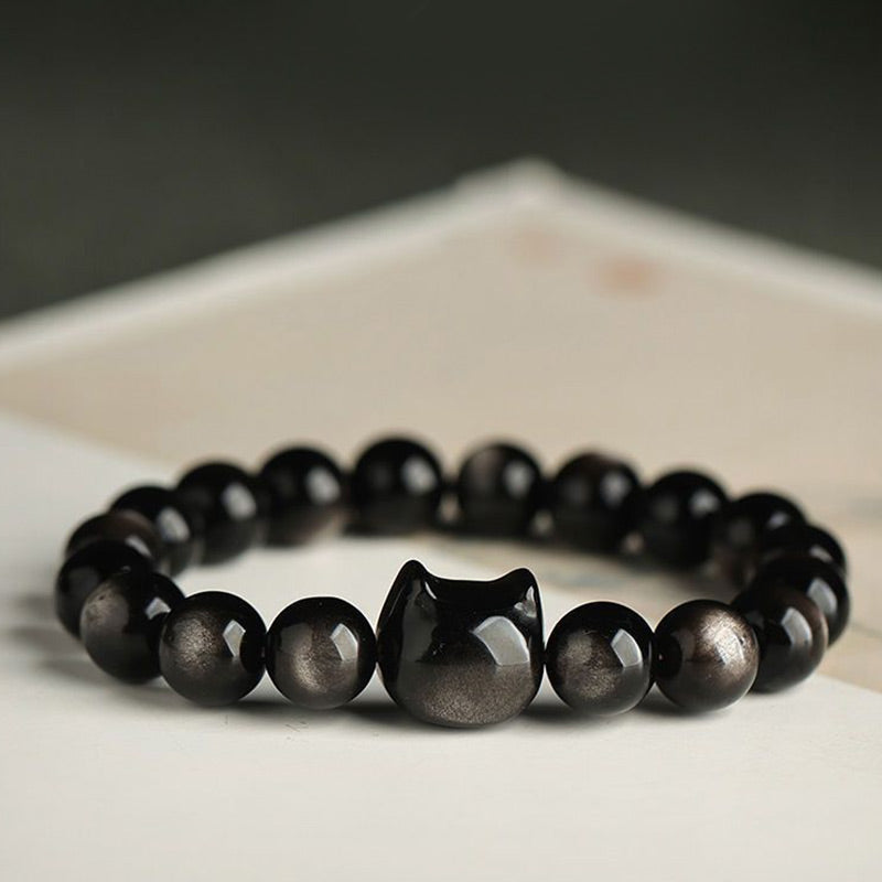 Gold Sheen Obsidian Silver Sheen Obsidian Lovely Paw Lucky Cat Protection Bracelet