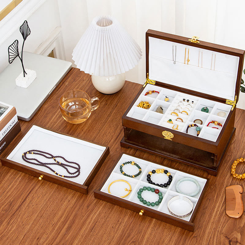 Retro Three-Layer Wooden Jewelry Storage Box & Organizer