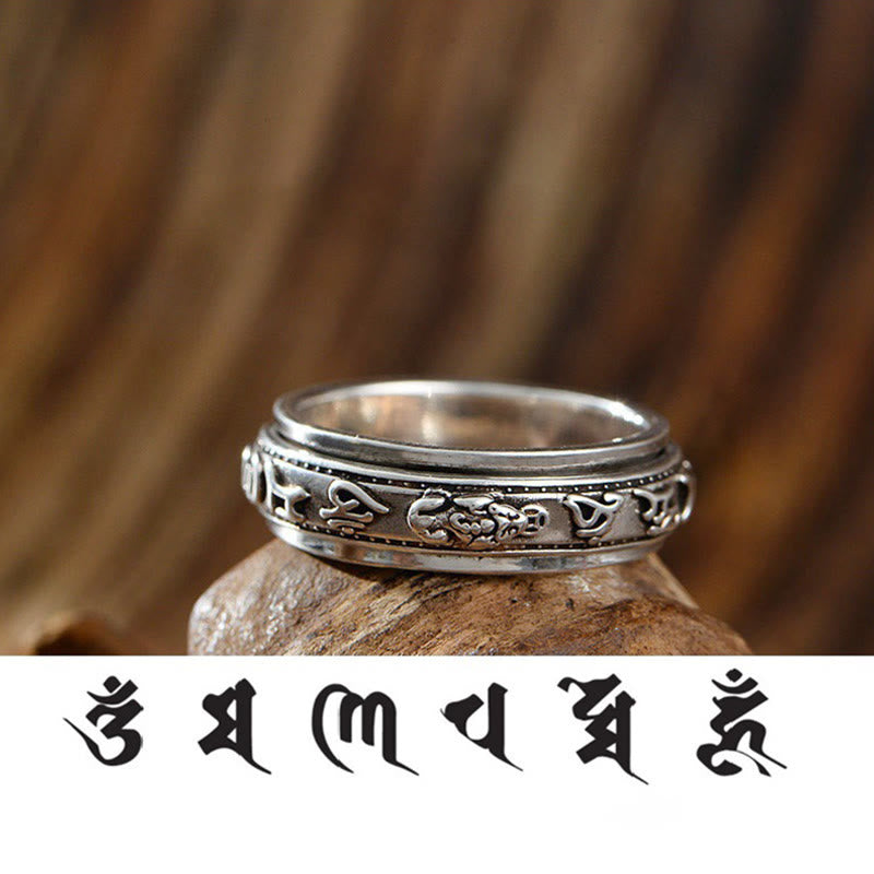 Handmade Sterling Silver & Copper Rotatable Om Mani Padme Hum Pixiu Lotus Ring