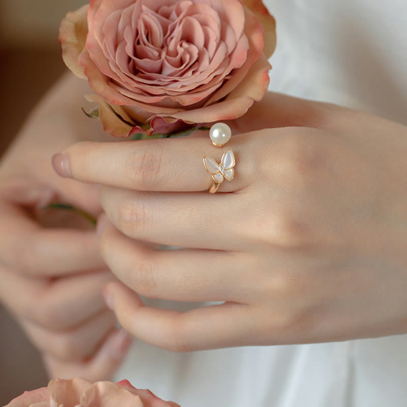 14K Gold Plated Copper Pearl Tridacna Stone Butterfly Blessing Ring Bracelet Necklace Pendant Earrings Set