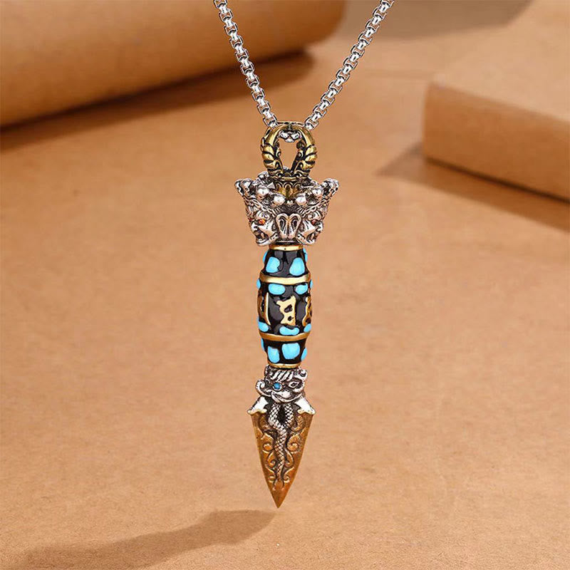 Tibet Om Mani Padme Hum Dzi Bead Dorje Vajra Pattern Wealth Rotatable Necklace Pendant