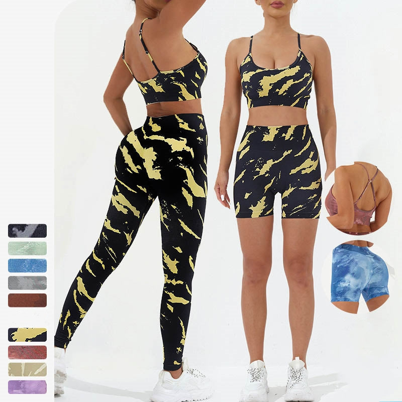 2Pcs Camo Print Backless Criss-Cross Strap Top Bra Shorts Leggings Pants Fitness Yoga Outfit Set