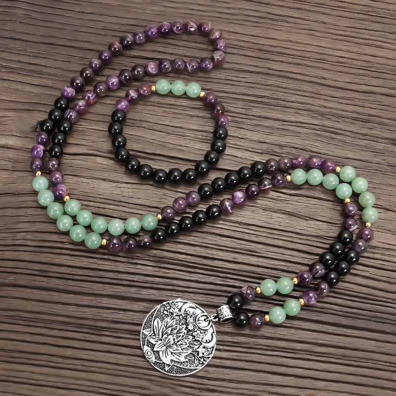 108 Mala Beads Amethyst Green Aventurine Lotus Meditation Bracelet