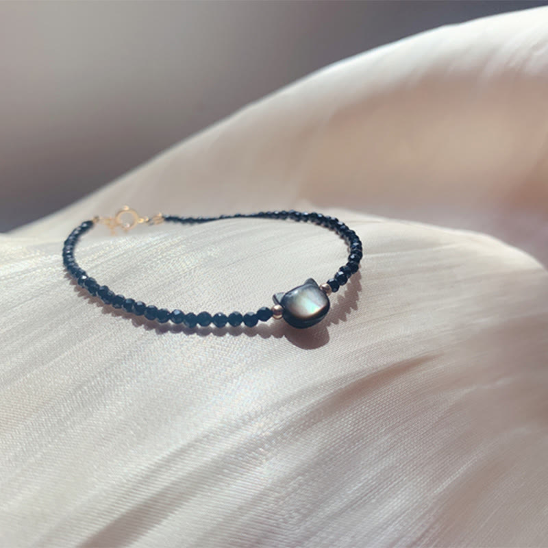 14K Gold Plated Black Spinel White Crystal Cute Cat Tridacna Stone Healing Bracelet
