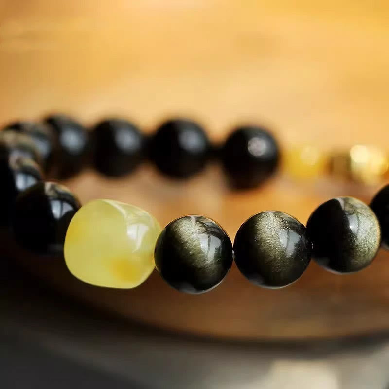 Natural Gold Sheen Obsidian & Amber Bracelet with 925 Sterling Silver and Zodiac Guardian